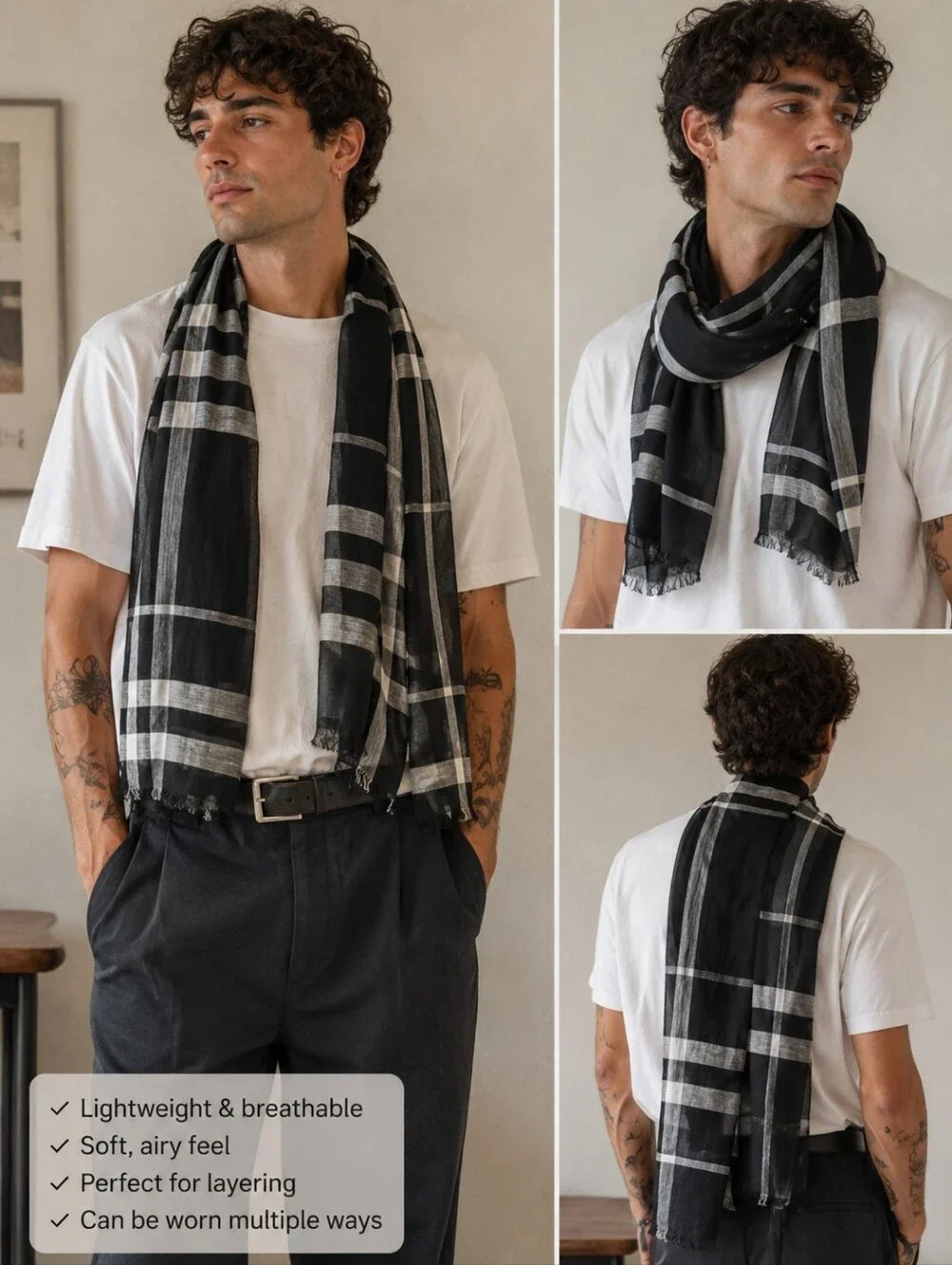 Black and White Plaid Sheer Scarf